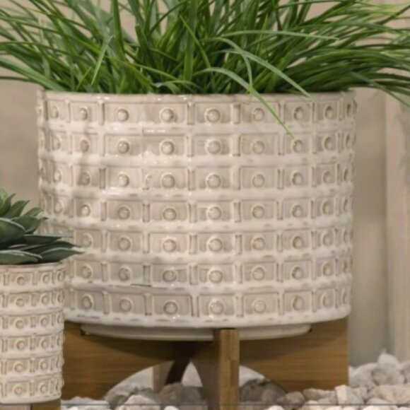 New Ceramic Textured Beaded Flower Herbs Planter Pot With Wood Stand - Picture 3 of 12